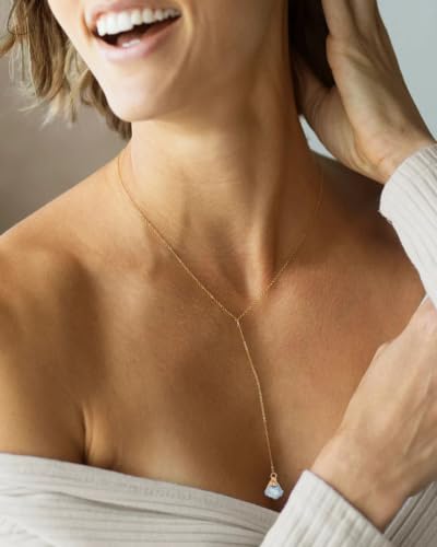 Lariat Necklace for Women Dainty Gold Long Crystal Drop Y-Shaped Necklace | 14k Gold Plated Crystal Drop Necklace Trendy Non Tarnish Simple Gold Jewelry For Wedding, Prom, Daily - color: Aquamarine