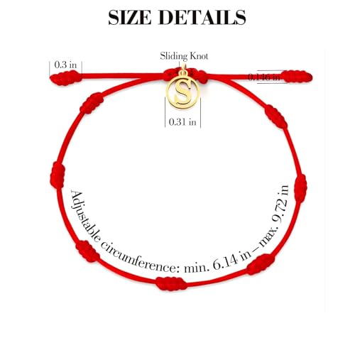 Red String Bracelet with Initial Letter and 7 Protective Knots – Adjustable Kabbalah Bracelet for Women & Men, Personalized Good Luck Charm for Positive Energy - color: s