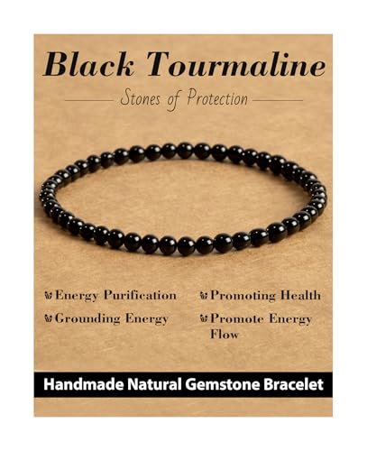 Natural Stone Beaded Bracelets for Men Women, 4mm 6mm 8mm | Healing Crystal, Protection Gemstone, Gift Packaging with Energy Card, Stretch Jewelry, Replacement Beads Included, 18 Stone - color: Black Tourmaline(Protection & Balance), size: 4mm
