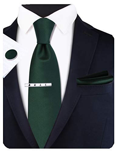 GUSLESON New 3.15"（8cm） Solid Color Necktie and Pocket Square Cufflinks Clip Set - color: Dark Green