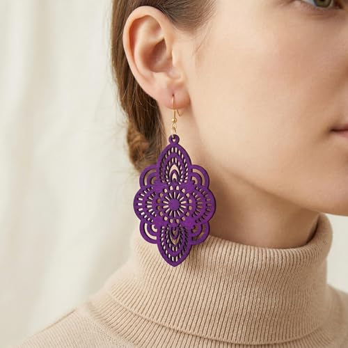 Boho Black Filigree Dangle Earrings for Women, Lightweight Hollow Lace Drop, Wood, 3.34" x 1.69", Bohemian Jewelry - color: Purple