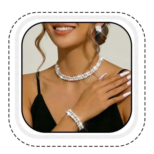 Silver Jewelry Set Rhinestone Necklace Earrings Bracelet Sets Wedding Prom Formal Jewelry for Women and Brides - color: Silver