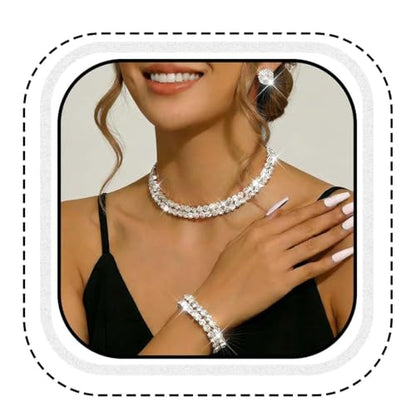 Silver Jewelry Set Rhinestone Necklace Earrings Bracelet Sets Wedding Prom Formal Jewelry for Women and Brides - color: Silver