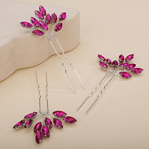 Teyglen 3pcs Bridal Crystal Hair Pins Rhinestones Hair Pieces Simple Crystal Wedding Hair Accessories Handmade Hair Pins for Women Bride(Rose Red) - color: Rose Red