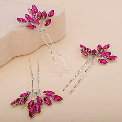 Teyglen 3pcs Bridal Crystal Hair Pins Rhinestones Hair Pieces Simple Crystal Wedding Hair Accessories Handmade Hair Pins for Women Bride(Rose Red) - color: Rose Red