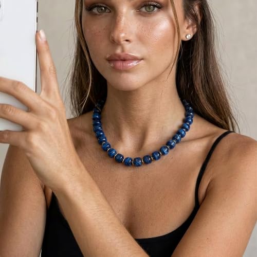 Chunky Beaded Necklace for Women, Colorful Boho Statement Necklace, Gold Chunky Resin Large Bead Necklace, Waterproof Summer Beach Jewelry Gifts for Women - color: Blue