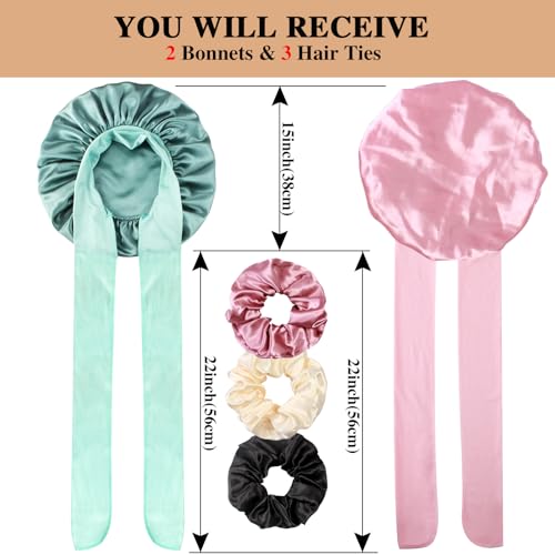 2+3 Large Satin Bonnets with Scrunchies for Women, Hair Bonnet Sleeping Tie Bonnet for Braids Curly Hair - color: I - Green, Blush Pink