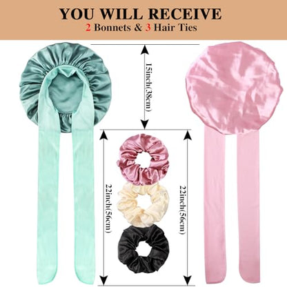 2+3 Large Satin Bonnets with Scrunchies for Women, Hair Bonnet Sleeping Tie Bonnet for Braids Curly Hair - color: I - Green, Blush Pink