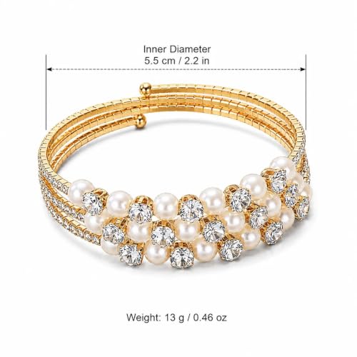 Gold Crystal Faux Pearl Beaded Bracelet for Women,Sparkling Rhinestone Layered Statement Cuff Bracelet Wedding Bridal Jewelry Accessories - color: Golden