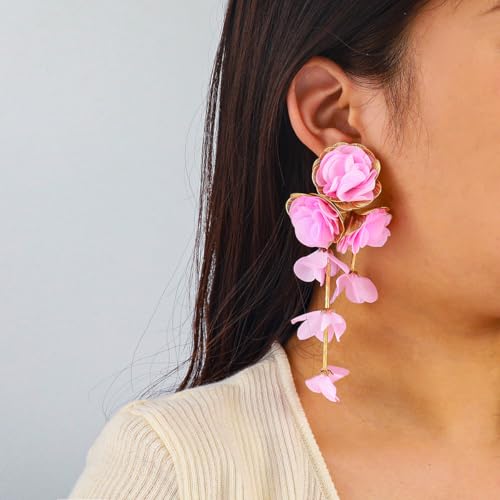 Fabric Flower Earrings for Women Colorful Long Tassel Floral Drop Earrings Fashion Boho Exaggerated Statement Beach Party Jewelry - color: pink
