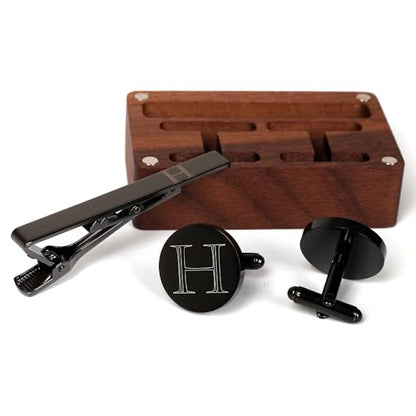 Mens Initial Cufflinks and Tie Clip A-Z Alphabet Letter Black Stainless Cuff Links Tie Bar with Engraved Walnut Wood Box Groom Groomsman Wedding Set - style: Classic-H