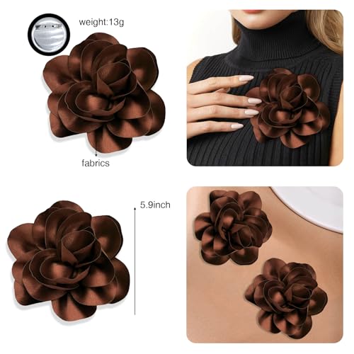2Pack 6inch Extra Large Satin Brooches Lapel Pins Dainty Elegant Fabric Camellia Rose Flower Brooch Pin for Women Wedding Part Dance Clothes Accessories Jewelry - color: Brown