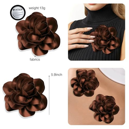 2Pack 6inch Extra Large Satin Brooches Lapel Pins Dainty Elegant Fabric Camellia Rose Flower Brooch Pin for Women Wedding Part Dance Clothes Accessories Jewelry - color: Brown