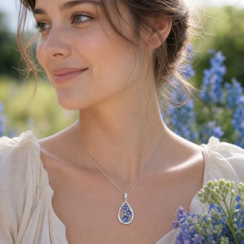 12 Month Birth Flower Necklace for Women 925 Sterling Silver Floral Teardrop Pendant Birthday Jewelry Gifts - color: 07. July Larkspur