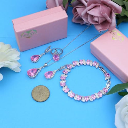 LMXXVJ Jewelry Set for Women,Teardrop Cubic Zirconia Necklace Earrings Adjustable Ring Bracelet Jewelry Set Formal Jewelry Gift - color: ZYSD-White Gold-Pink