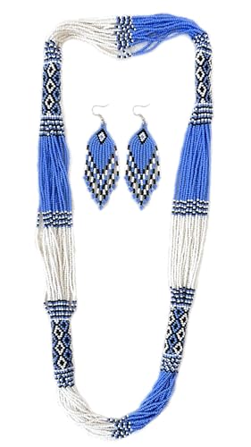 Layered – Boho Native American Style Layered Beaded Necklace– Ukrainian beaded Necklace Native Handmade Seed Bead Necklace Tribal ethnic beaded Necklace for Women (Tuquoise) - color: White&