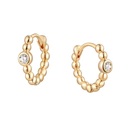 Huggie Hoop Earrings 14K Gold Plated Cubic Zirconia Dainty Simple Cute Beads Elegant CZ Circle Small Hoop Earring for Women Minimalist Handmade Hypoallergenic Jewelry - color: Beaded CZ