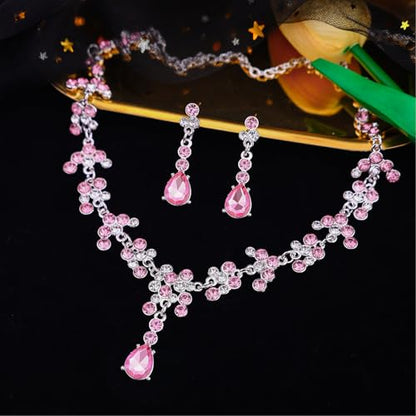 Crystal Crown and Tiara Jewelry Set for Women Bride with Necklace Earrings | Metal Rhinestone Royal Queen Princess Jewelry Set Wedding Quinceanera Pageant Prom Birthday Halloween Party Costume Gift - color: Silver Pink
