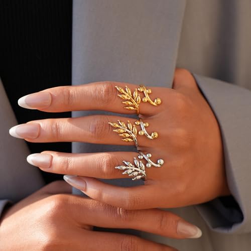 OIDIMS Leaf Statement Rings for Women Stainless Steel Gold-Tone Plated Adjustable Open Finger Band Fashion Plant Branch Leaves Wrap Thumb Ring Boho Stylish Daily Wear Holiday Fashion Jewelry - color: Gold-Tone