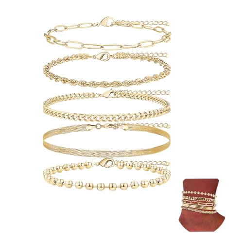 Adjustable Waterproof Layered Bracelets for Women Summer Beach Cuban Link Chain Anklets Set Herringbone Paperclip Beaded Snake Chain Stackable Anklet Stainless Steel Jewelry Bracelet - color: 5PCS-Gold