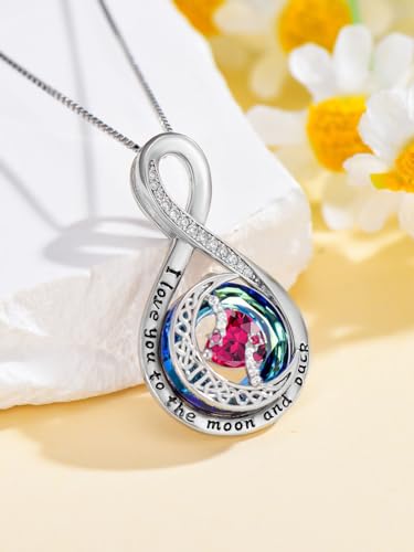 TOUPOP Birthstone Necklace for Women 925 Sterling Silver Moon and Star Pendant Necklaces I Love You to the Moon and Back Jewelry Anniversary Birthday Gifts for Her Wife Girlfriend Mom - color: 07-Jul-Ruby