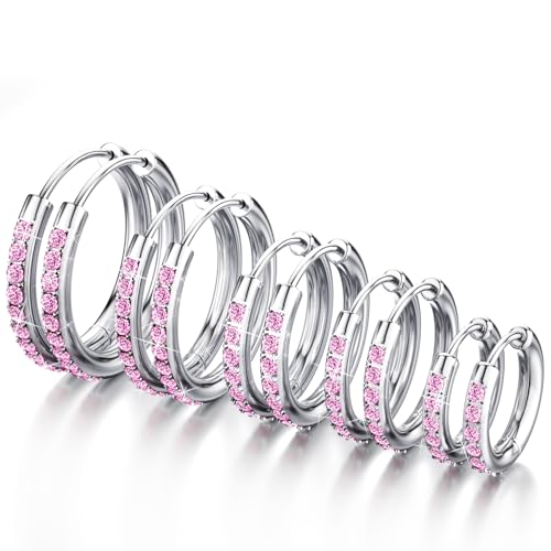 5 Pairs Huggie Hoop Earrings, Cubic Zirconia 14K Gold-Plated 316L Surgical Steel, Hypoallergenic Lightweight Design for Women & Men Cartilage & Multi-Piercing Stacking(13-21mm) - color: E+silvery+Pink