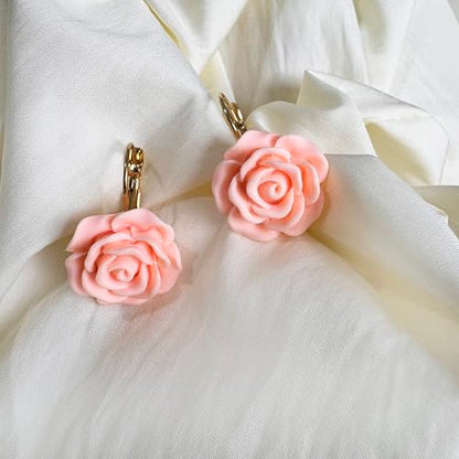 Handmade Bohemian Aesthetic Dainty Acrylic Flower Petal Leverback Earrings Sparkly 14K Gold Floral Dangle Drop Earrings for Women - color: Orange Pink