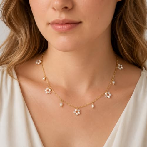 Pearl Necklaces for Women Trendy, Dainty Beaded Choker Necklace, 14K Gold Plated Station Chain, Simple Layering Wedding Prom Jewelry Gift - color: Gold Flower Pearl-1