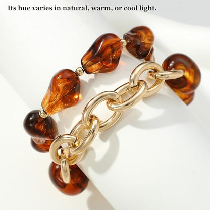 Boho Beaded Stretch Bracelets For Women Stackable Crystal Gold Plated Beaded Bracelets Set Trendy Handmade Friendship Braeclet Jewelry Gifts - color: L-Brown Amber 2pcs