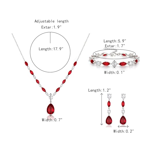 Teardrop Marquise Cubic Zirconia Wedding Prom Jewelry Set for Women Bridal | Silver/Gold/Rose Gold Plated, Pear Cut Pendant Necklace Drop Earrings Link Bracelet, for Bride Bridesmaid, for Banquet Party - style: B_Three Set, Red Silver-Tone (Teardrop)