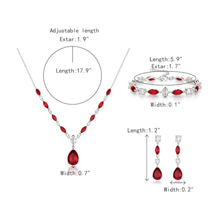 Teardrop Marquise Cubic Zirconia Wedding Prom Jewelry Set for Women Bridal | Silver/Gold/Rose Gold Plated, Pear Cut Pendant Necklace Drop Earrings Link Bracelet, for Bride Bridesmaid, for Banquet Party - style: B_Three Set, Red Silver-Tone (Teardrop)
