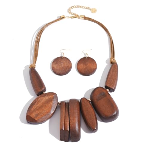 Coiris Chunky Statement Necklace and Earring Sets for Women Boho Wooden Necklaces Earrings Jewelry Set for Women - color: Brown