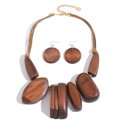 Coiris Chunky Statement Necklace and Earring Sets for Women Boho Wooden Necklaces Earrings Jewelry Set for Women - color: Brown