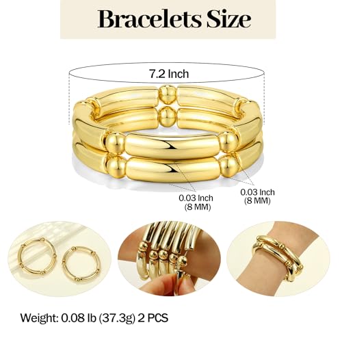 Gold Chunky Bangles Bracelets For Women 14k Gold Plated Stack Layered Curved Bamboo Tube Stretch Bracelets Gift Jewelry - color: 2pcs Gold-8mm