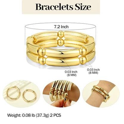 Gold Chunky Bangles Bracelets For Women 14k Gold Plated Stack Layered Curved Bamboo Tube Stretch Bracelets Gift Jewelry - color: 2pcs Gold-8mm