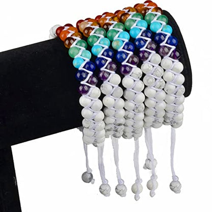 MASSIVE BEADS Double Layer Natural Chakra Healing Power Crystals Macrame Bracelet Yoga Stone Beads Gemstone Meditation Relax Anxiety Bangle for Unisex Women Men - color: 7-Chakras&Howlite, size: 4mm