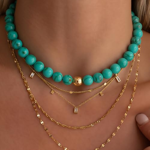 Multicolor Chunky Beaded Necklace, Statement Colorful Round Ball Beads Choker Necklace with Gold-Tone Adjustable Chain, Fashion Bold Neck Jewelry for Women - color: 16mm-Turquoise