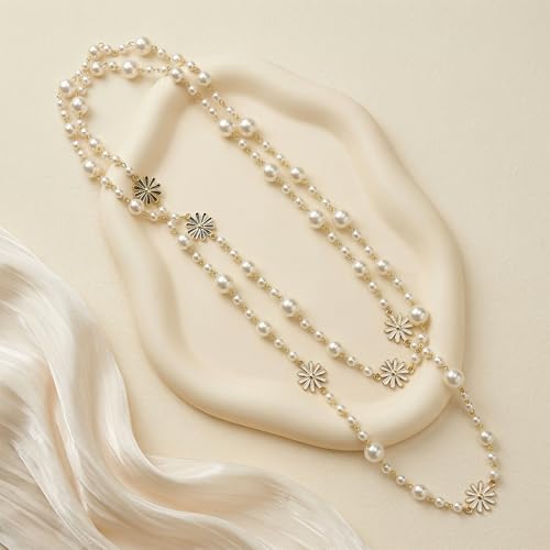 Long Pearl Necklace for Women, Layered Faux Pearl Station Necklace, Gold Tone Double Strand for Wedding Guest Looks and Evening Styling - color: Golden Sun flower 060