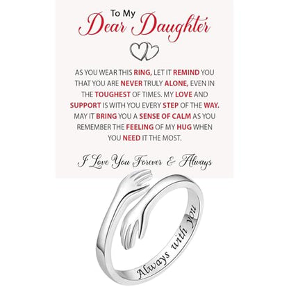 Granddaughter Daughter Hug Ring For Hope Rings, Stainless Steel Inspirational Jewelry Engraved Always With You Love You Forever Message Adjustable Non Tarnish Jewelry Birthday Gift Card - color: Always with you(Daughter)