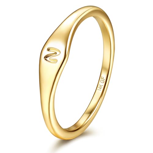 14K Gold Filled Ring Gold Initial Ring Dainty Gold Simple Letter Band Rings Signet Stackable Pinky Alphabet Thin Gold Thumb Rings for Women Non Tarnish Size 6 7 8 9 10 - style: N