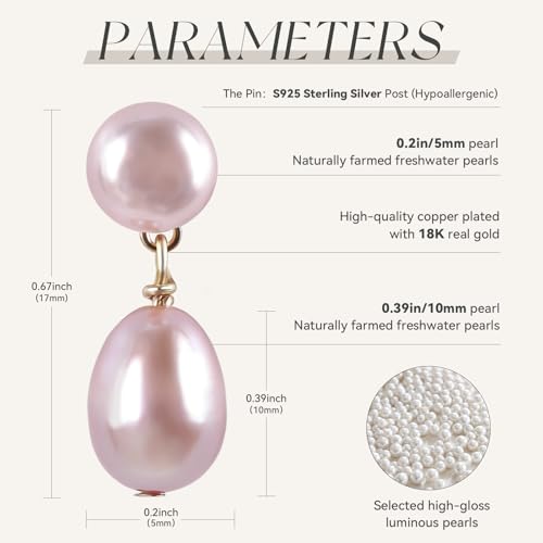 Petite Pearl Drop Earrings for Women - Real Freshwater Cultured Pearls Collection, S925 Sterling Silver Hypoallergenic Posts, 18K Gold Plated Dainty Jewelry - color: Pink