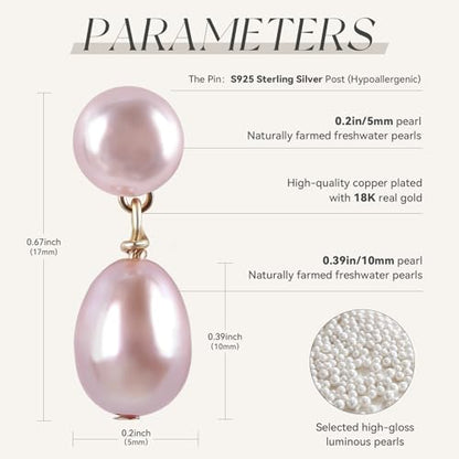 Petite Pearl Drop Earrings for Women - Real Freshwater Cultured Pearls Collection, S925 Sterling Silver Hypoallergenic Posts, 18K Gold Plated Dainty Jewelry - color: Pink