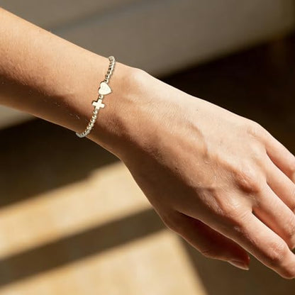 Mikovivi Women's Cross Bracelet with Initial Beads, Elastic Heart Alphabet Charm Stackable Beaded Bracelet Religious Christian Jewelry Gift - style: Letter E