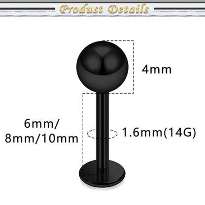 Internally Threaded Labret Studs 18G 16G 14G Surgical Steel Lip Piercing Jewelry with Claw Tool Monroe Snake Bite Jewelry Flat Back Barbell for Women Men Plus Piercing Ball Grabber Tool - color: black, size: 14g,ball end