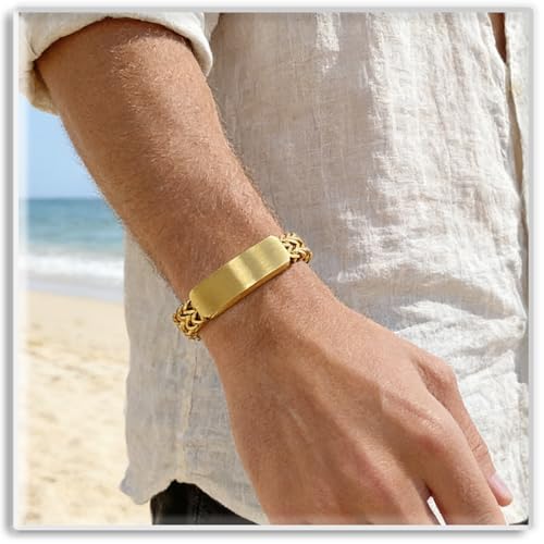 Xusamss Mens Cuban Link Bracelet Stainless Steel Double Layer Chain Jewelry Heavy Blank Bar Design Link Bracelet for Men - color: Gold