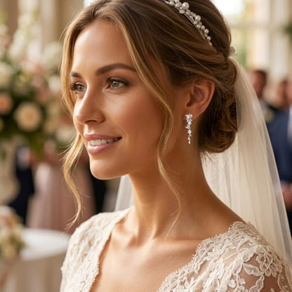 Sonateomber Gold Silver Pearl Rhinestone Dangle Earrings for Women, Elegant CZ Leaf Butterfly Bridal Earings Prom Wedding Fashion Jewelry Gift - color: Silver
