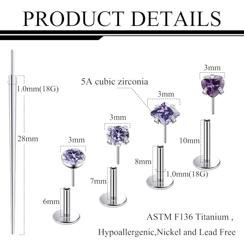 Ruifan Titanium Flat Back Lip Rings Threadless Push in Earrings Studs Nose Rings 20G 18G 16G Round Heart Square CZ Tragus Cartilage Lobe Rook Helix Conch Labret Medusa Piercing Jewelry for Women Men - color: Purple CZ, size: 18G-6/8/10mm
