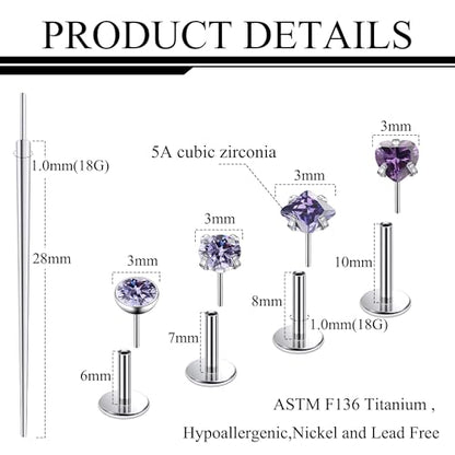 Ruifan Titanium Flat Back Lip Rings Threadless Push in Earrings Studs Nose Rings 20G 18G 16G Round Heart Square CZ Tragus Cartilage Lobe Rook Helix Conch Labret Medusa Piercing Jewelry for Women Men - color: Purple CZ, size: 18G-6/8/10mm