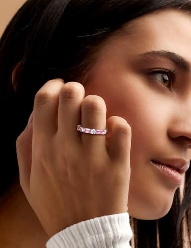 3.5mm Half Eternity Band Sterling Silver Rings for Women Sapphire/Ruby/Emerald and Cz Wedding Bands 7 Stone Stackable Birthstone Ring Anniversary Jewelry Size 6-10 - color: 10-Pink Sapphire-Oct.