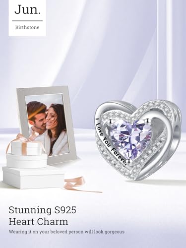 Heart Birthstone Charms for Bracelets, 925 Sterling Silver Women Bead Charms for Charm Bracelets Necklace, Mother's Day Birthday Anniversary Jewelry Gifts for Wife Mom Grandma Daughter - style: Bead - June - Alexandrite